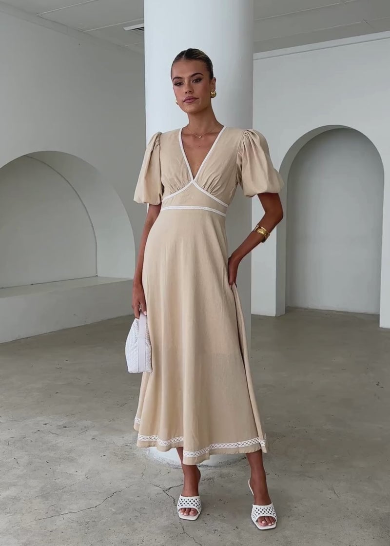 Beige Linen Blend Midi Dress with Puff Sleeves and Contrast Trim Beige Linen Blend Midi Dress with Puff Sleeves and Contrast Trim — Beige Dress