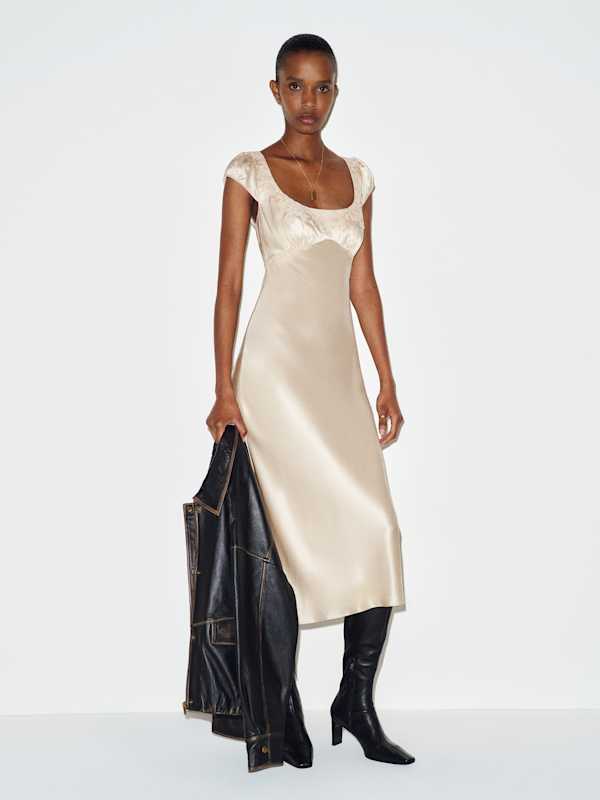 Beige Satin Slip Dress with Scoop Neckline Beige Satin Slip Dress with Scoop Neckline — Beige Dress