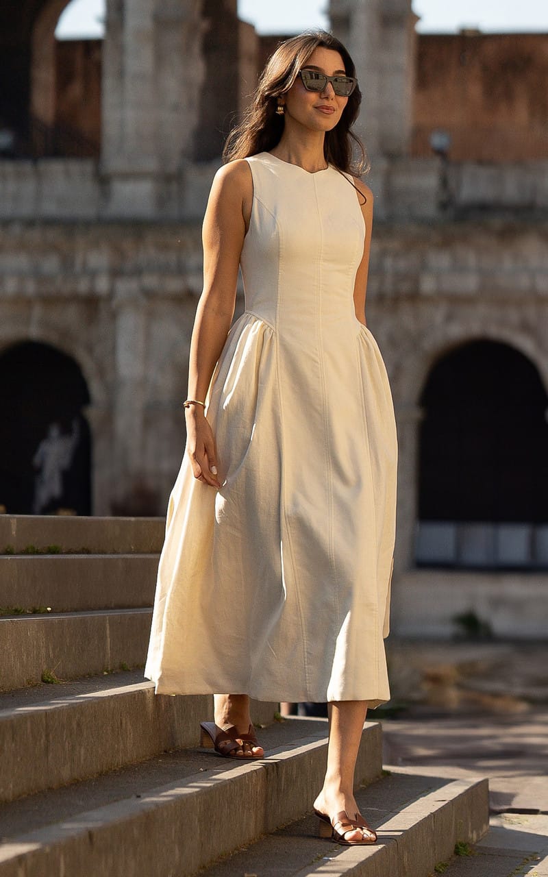 Light Beige Sleeveless Linen Dress with A-Line Silhouette and Open Light Beige Sleeveless Linen Dress with A-Line Silhouette and Open — Beige Dress