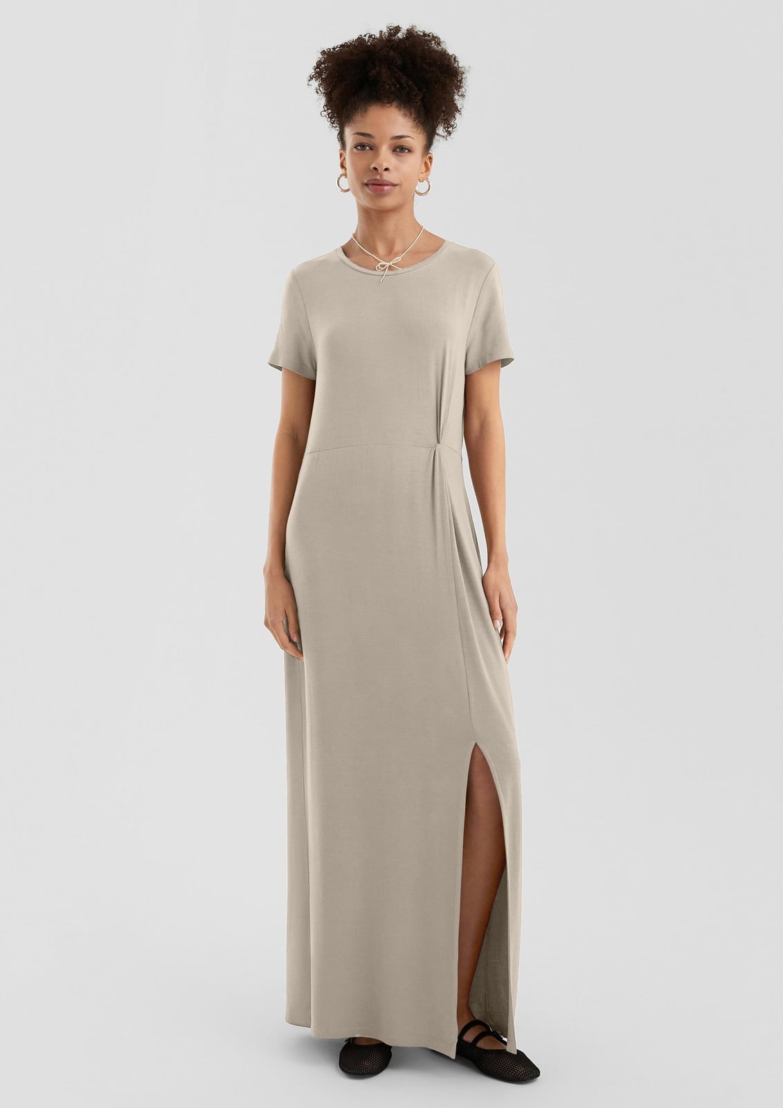 Light Gray Beige Relaxed Maxi Dress with Short Sleeves and Side Slit Light Gray Beige Relaxed Maxi Dress with Short Sleeves and Side Slit — Beige Dress