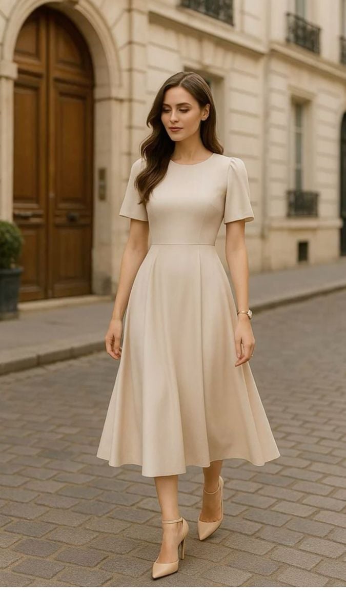 Beige Fit and Flare Midi Dress with Smooth Woven Fabric Beige Fit and Flare Midi Dress with Smooth Woven Fabric — Beige Dress
