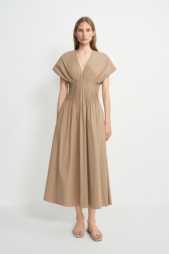 Taupe V-Neck Midi Dress with Gathered Waist and A-Line Silhouette Taupe V-Neck Midi Dress with Gathered Waist and A-Line Silhouette — Beige Dress