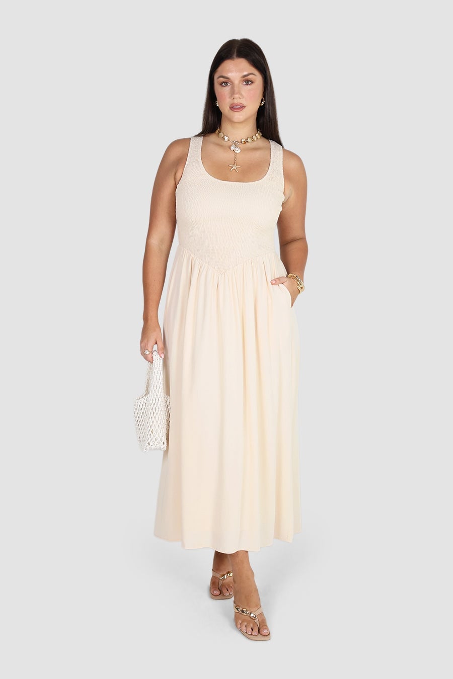 Cream Smocked Midi Dress with A-Line Skirt and Pockets Cream Smocked Midi Dress with A-Line Skirt and Pockets — Beige Dress