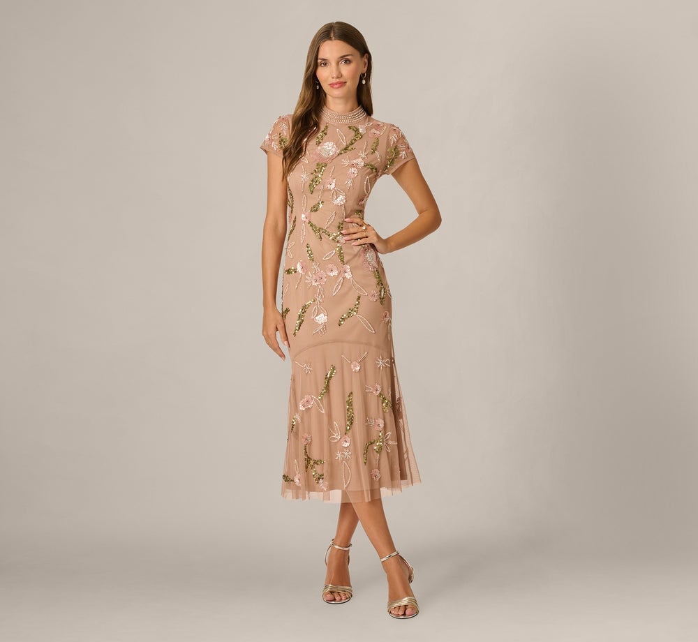 Beige Embellished Midi Dress with Floral Sequins and Beading Beige Embellished Midi Dress with Floral Sequins and Beading — Beige Dress