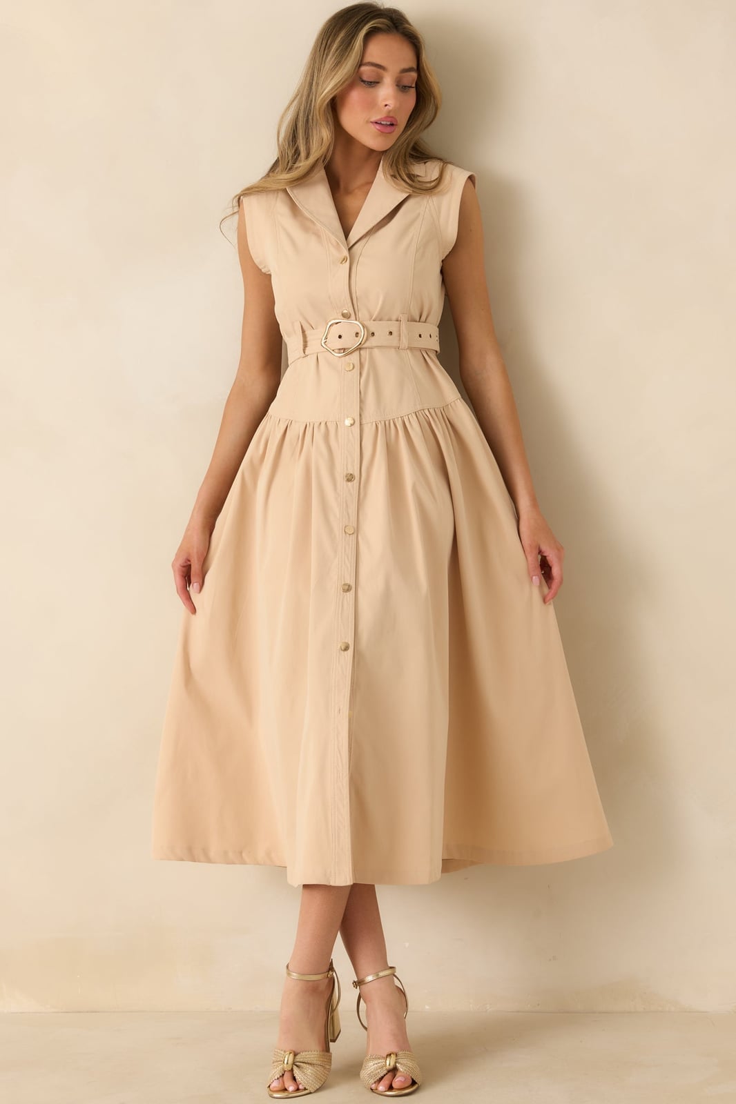 Beige Collared Shirt Dress with Belted Waist Beige Collared Shirt Dress with Belted Waist — Beige Dress