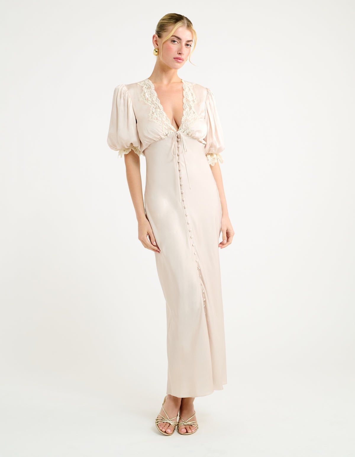 Light Beige Satin Maxi Dress with Lace Trim and Puff Sleeves Light Beige Satin Maxi Dress with Lace Trim and Puff Sleeves — Beige Dress