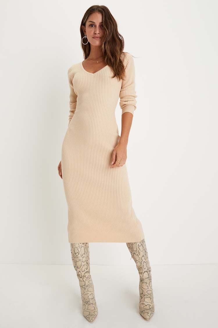 Beige Long Sleeve Ribbed Knit Midi Dress with Bodycon Silhouette Beige Long Sleeve Ribbed Knit Midi Dress with Bodycon Silhouette — Beige Dress