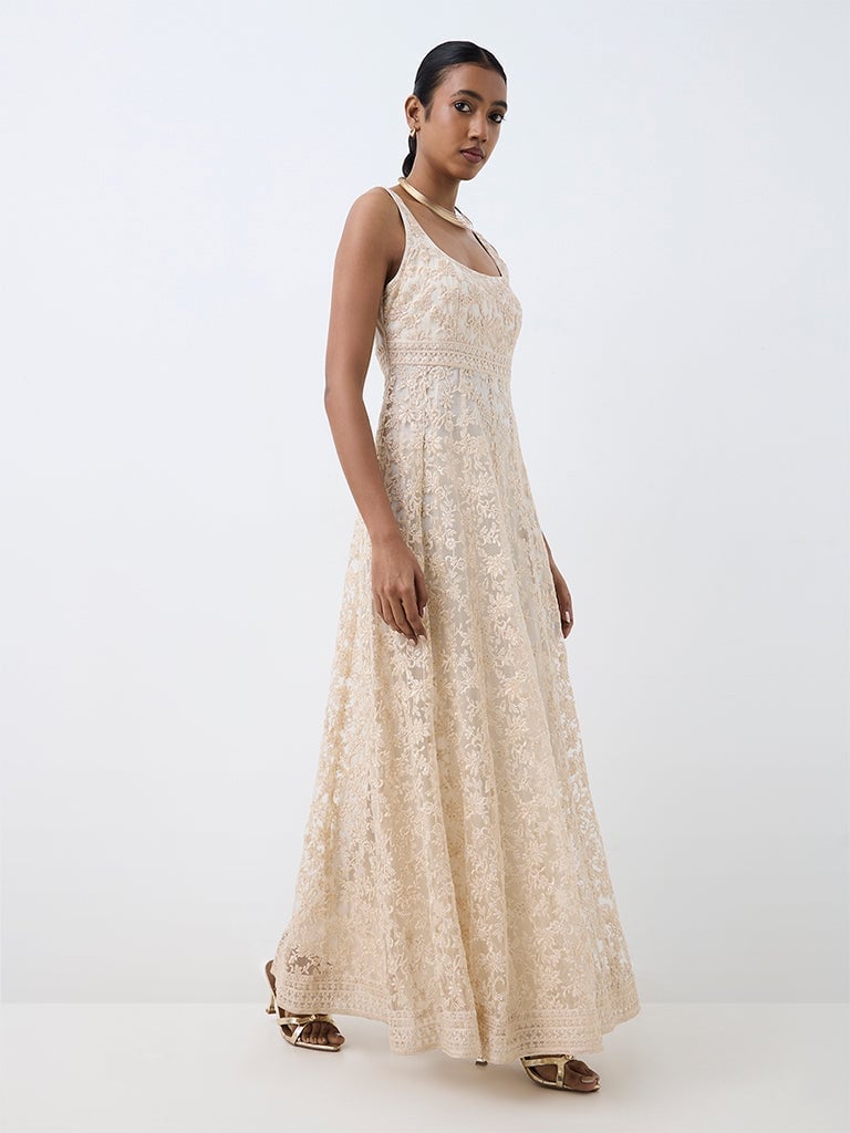 Beige Sleeveless Lace Maxi Dress with A-Line Silhouette Beige Sleeveless Lace Maxi Dress with A-Line Silhouette — Beige Dress