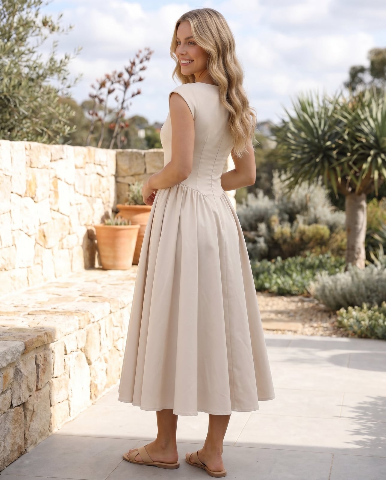 Off-White Beige Midi Dress with Boat Neckline and Full Skirt Off-White Beige Midi Dress with Boat Neckline and Full Skirt — Beige Dress
