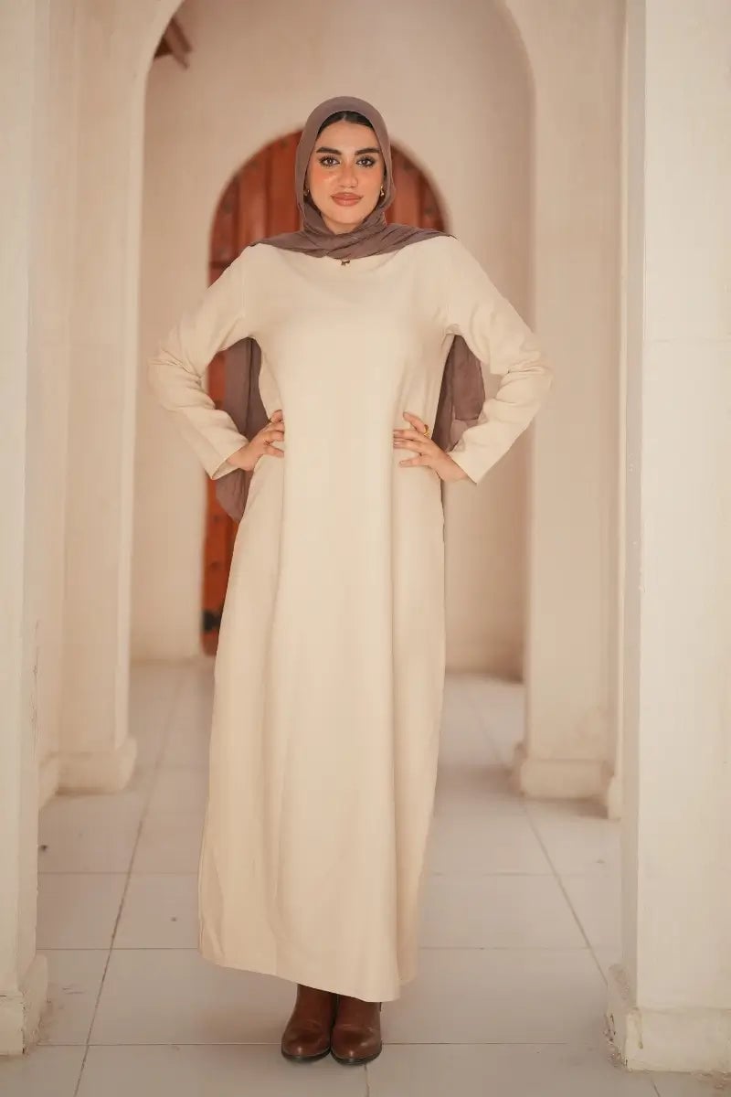 Beige Long Sleeve Maxi Dress with Loose Straight Cut Beige Long Sleeve Maxi Dress with Loose Straight Cut — Beige Dress