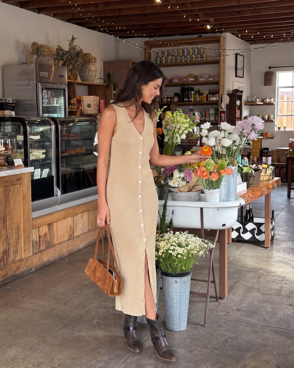 Beige Rib Knit Midi Dress with Sleeveless Design and Button Front Beige Rib Knit Midi Dress with Sleeveless Design and Button Front — Beige Dress
