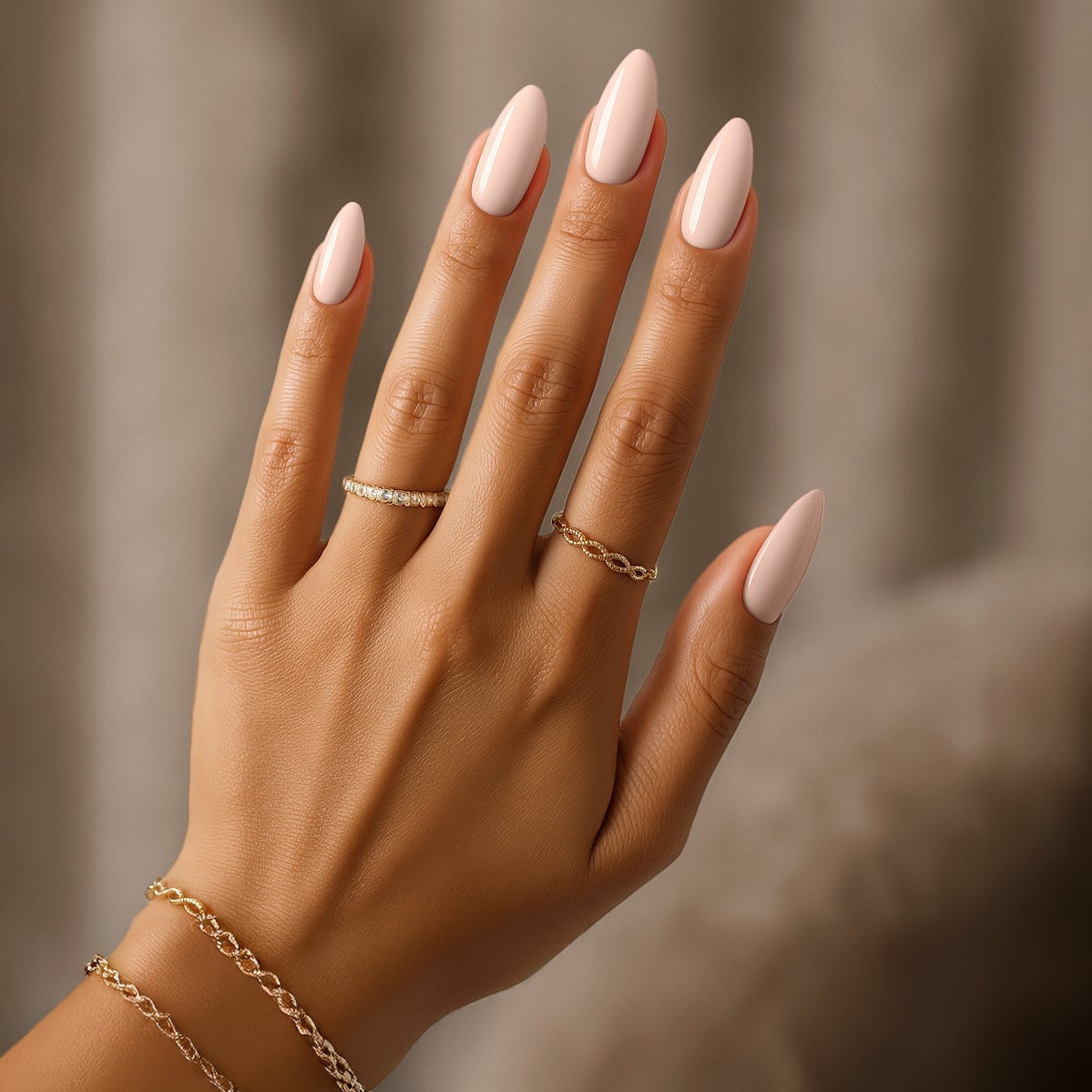 Glossy Pale Pink Beige Medium Almond Nails Glossy Pale Pink Beige Medium Almond Nails — Beige Nails