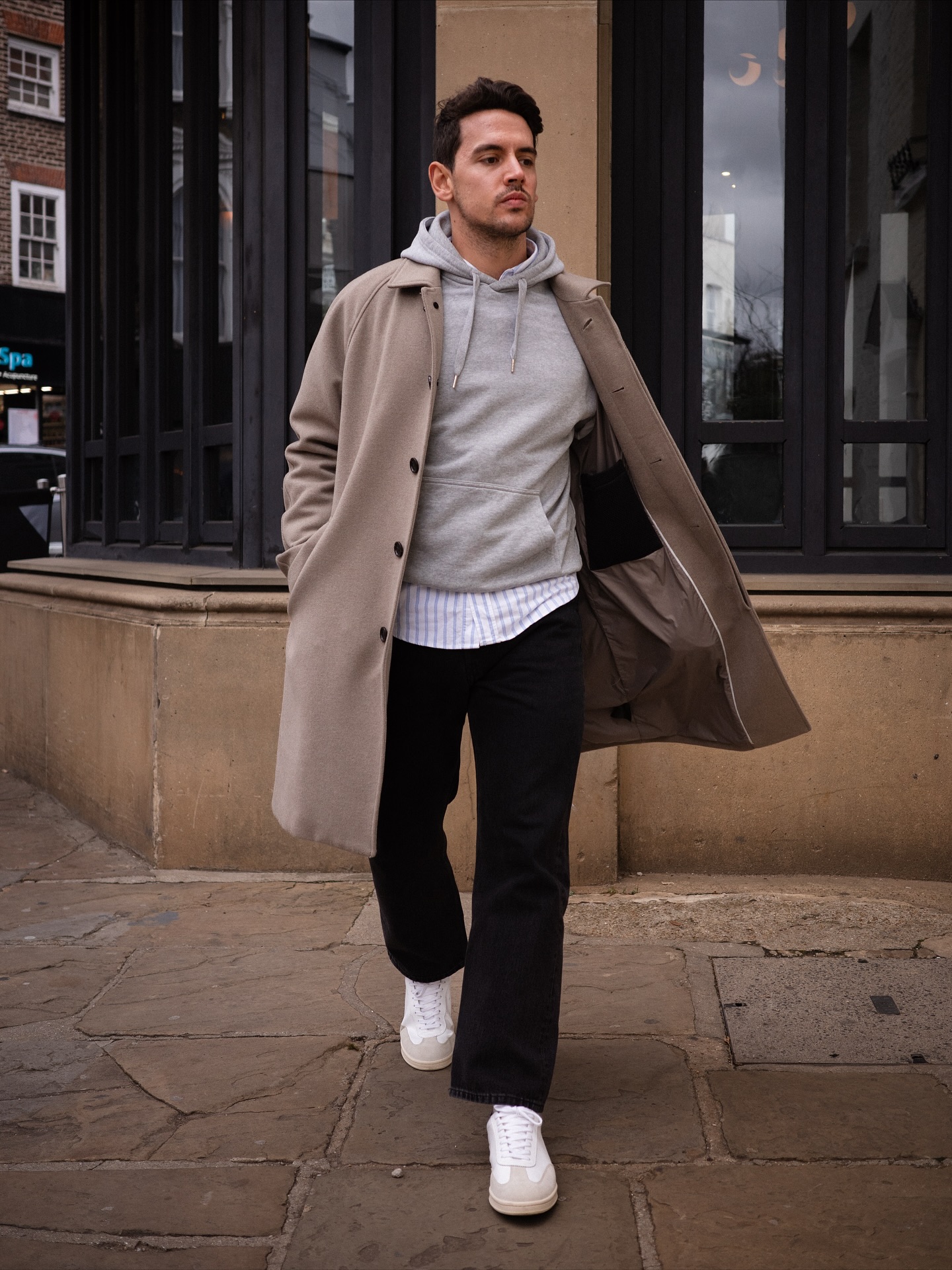 Beige Overcoat With Grey Hoodie And Black Jeans
