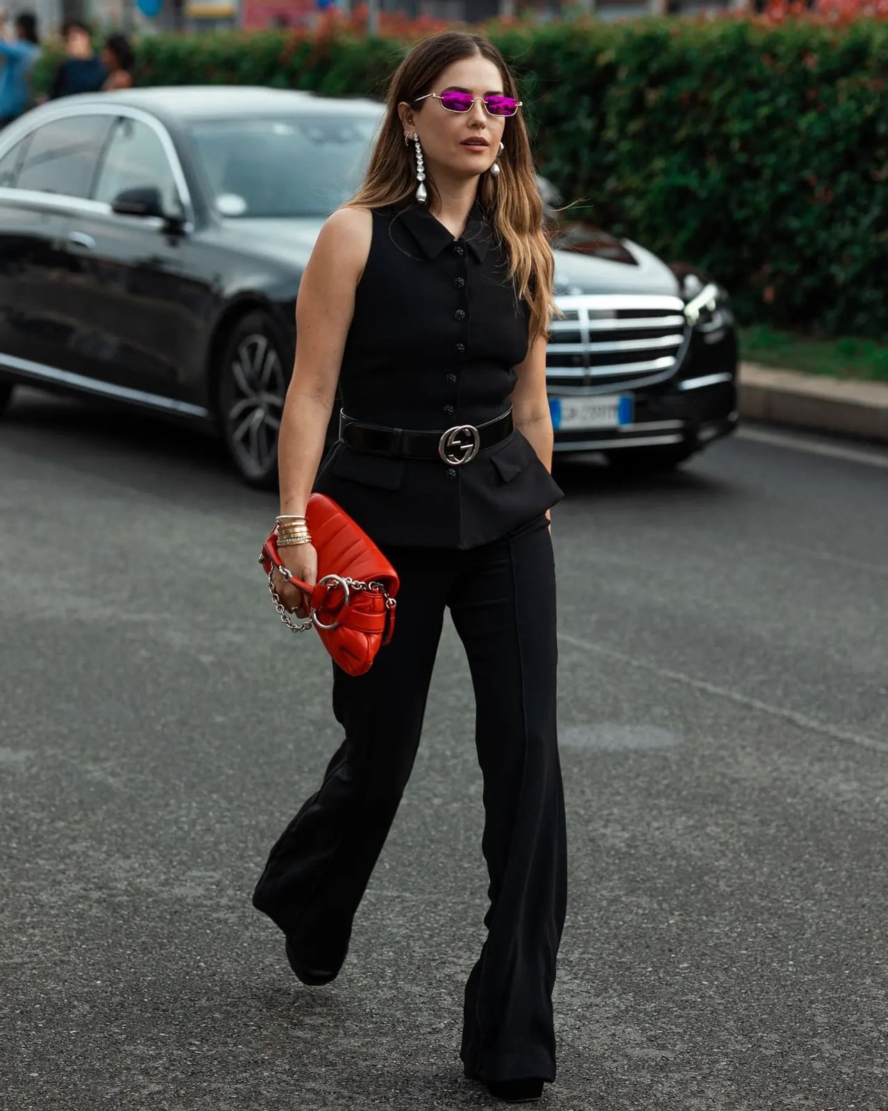 Black Belt With Gold Logo Buckle on Vest and Trousers Black Belt With Gold Logo Buckle on Vest and Trousers — Belt Outfits