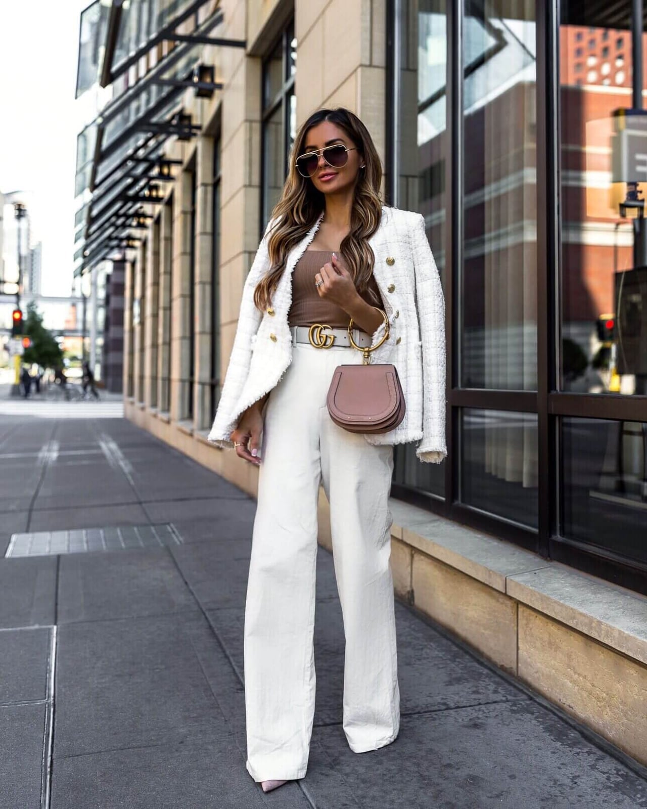 Gold Logo Belt Cinch Tweed Jacket and Trousers Gold Logo Belt Cinch Tweed Jacket and Trousers — Belt Outfits
