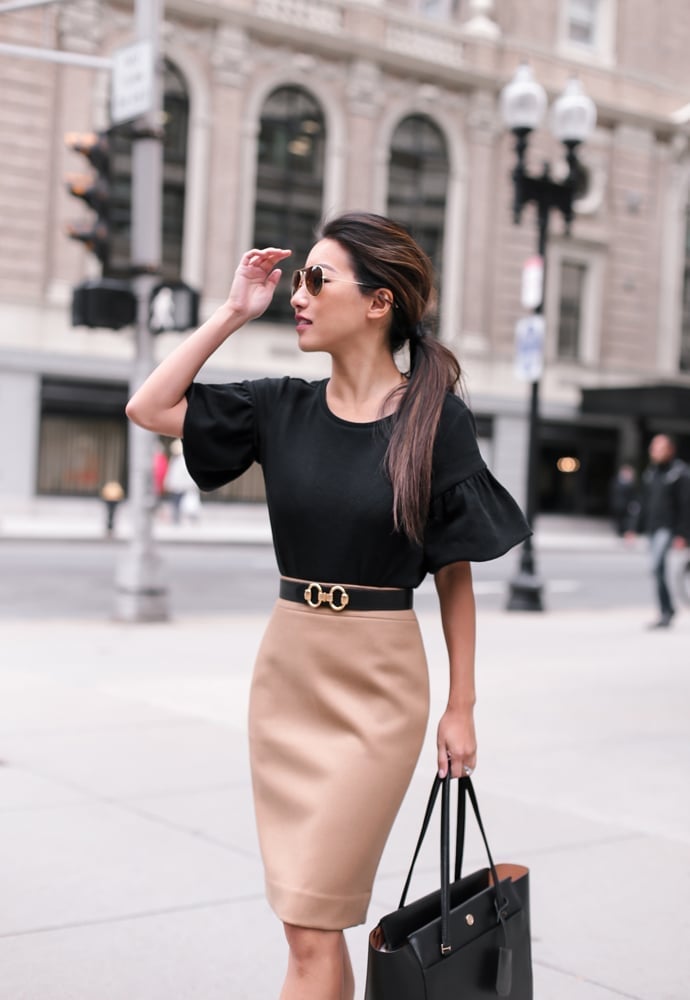 Gold Double G Buckle Belt on Pencil Skirt Gold Double G Buckle Belt on Pencil Skirt — Belt Outfits