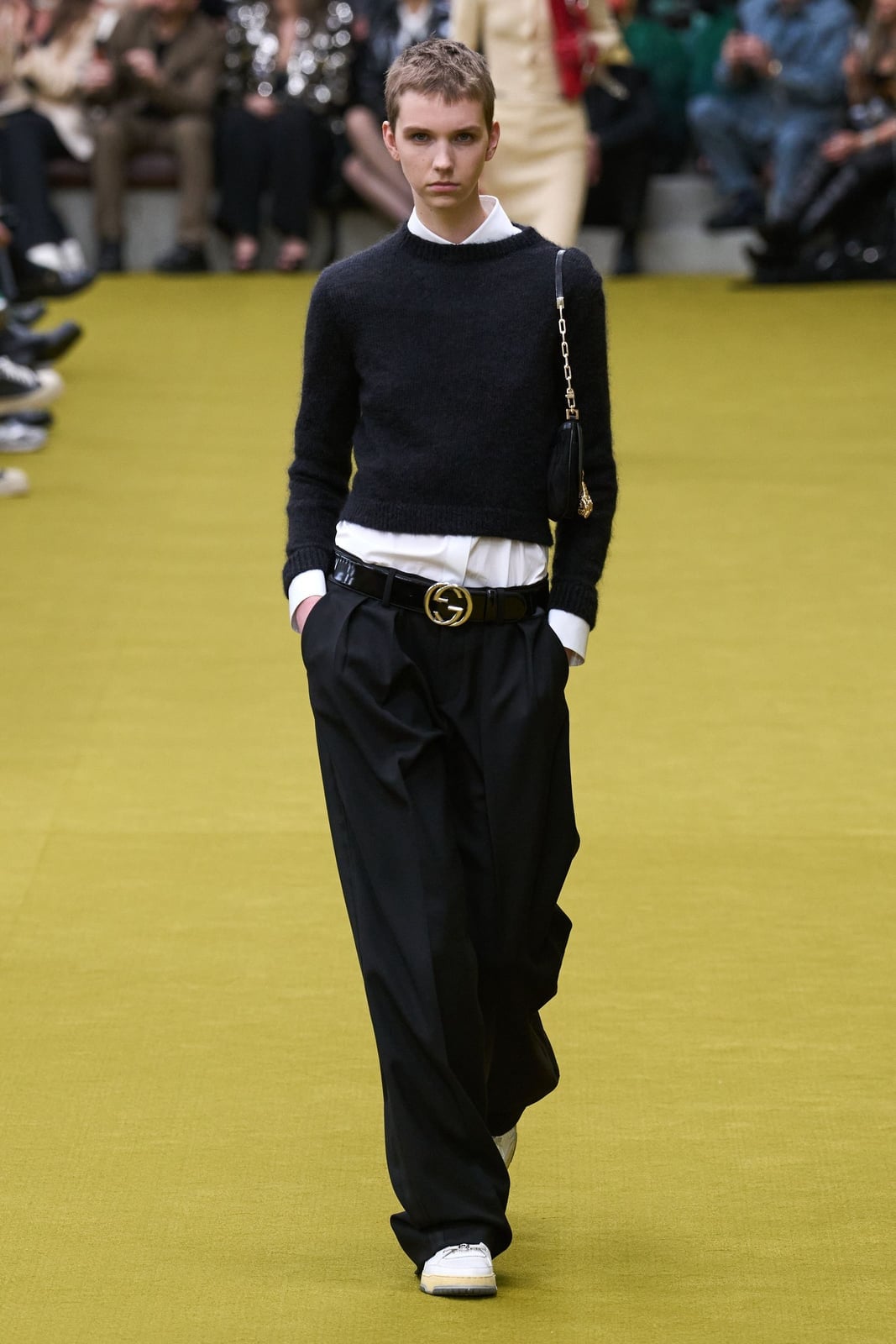 Black Belt With Gold GG Buckle on Wide Trousers Black Belt With Gold GG Buckle on Wide Trousers — Belt Outfits