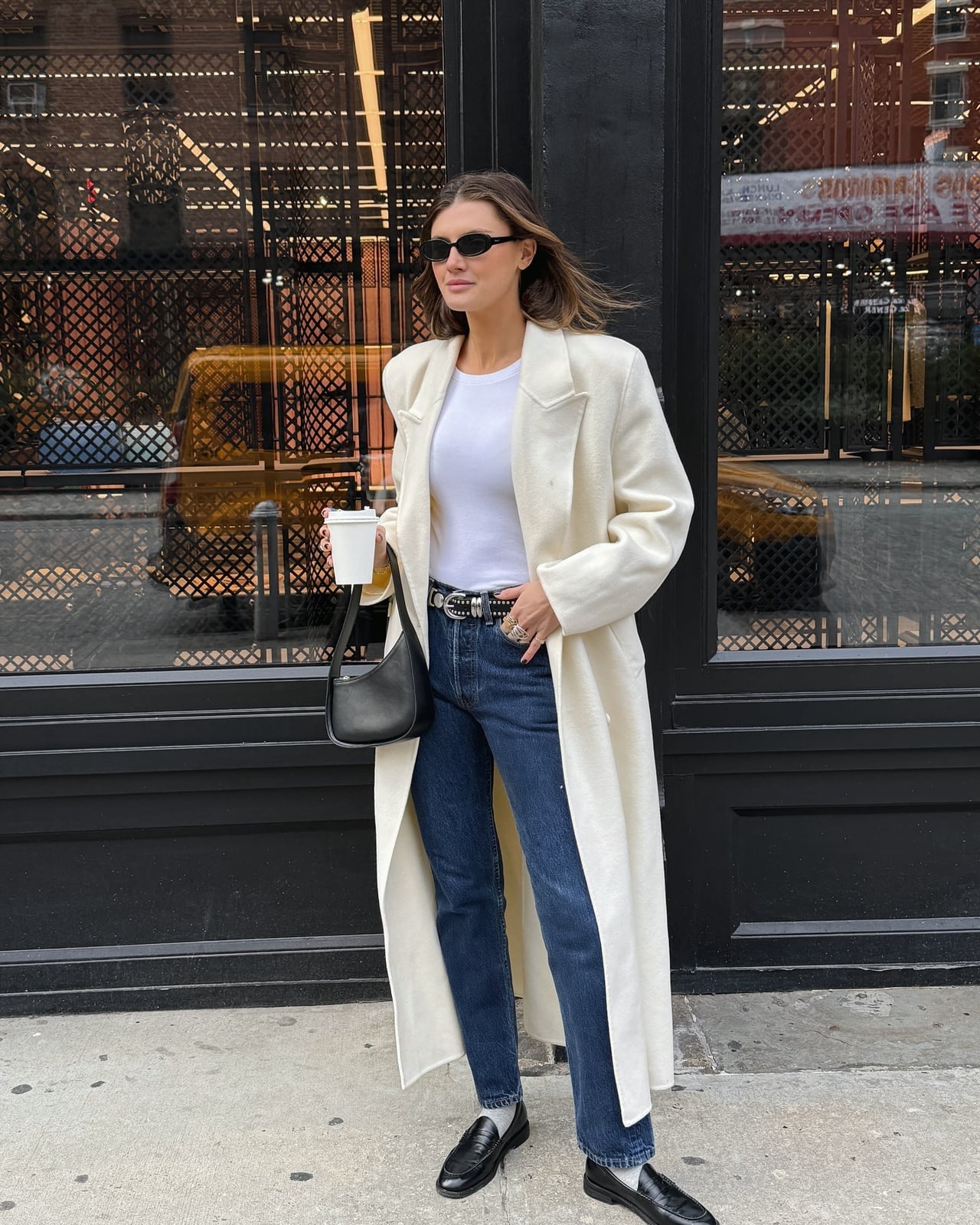 Silver Studded Western Style Belt Over Long Coat Silver Studded Western Style Belt Over Long Coat — Belt Outfits