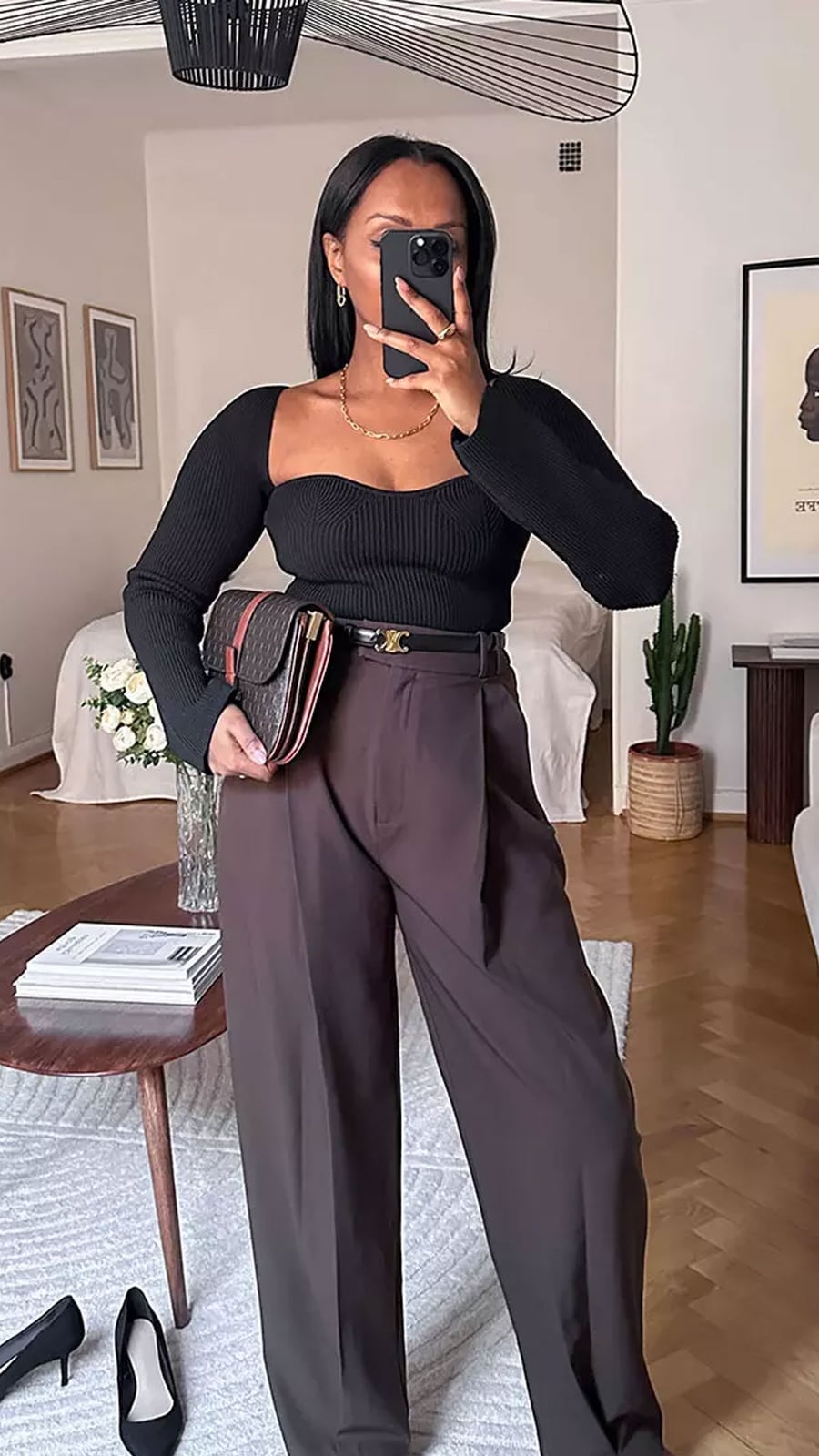 Brown Belt Cinching Sweetheart Top and Wide Trousers Brown Belt Cinching Sweetheart Top and Wide Trousers — Belt Outfits