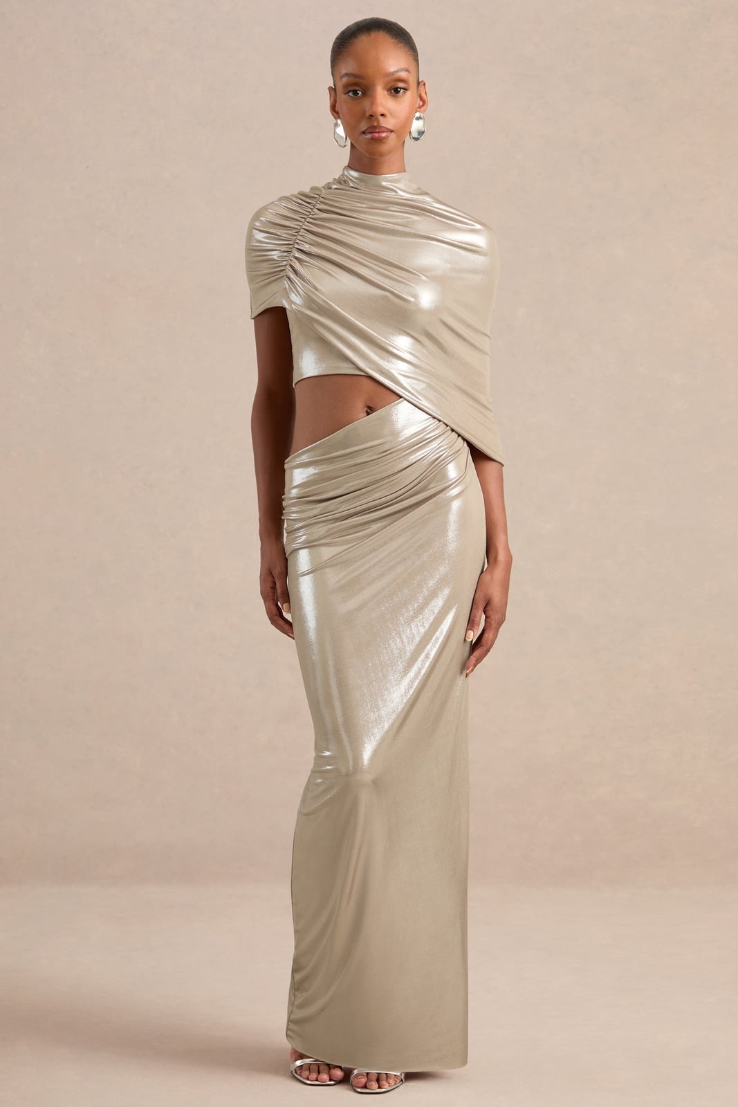 Champagne Gold Asymmetric Draped Maxi Dress Champagne Gold Asymmetric Draped Maxi Dress — Birthday Dresses