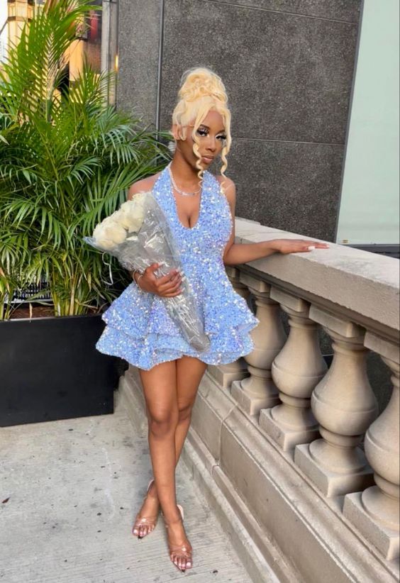 Light Blue Sequin Tiered Skirt Mini Dress Light Blue Sequin Tiered Skirt Mini Dress — Birthday Dresses