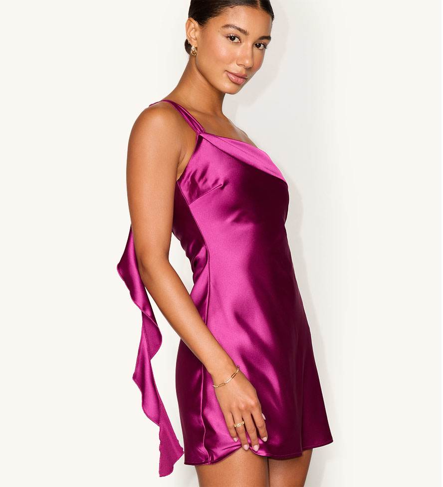 Magenta Satin Asymmetrical Draped Dress Magenta Satin Asymmetrical Draped Dress — Birthday Dresses