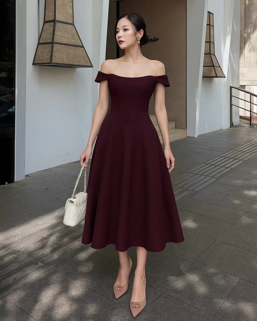 Dark Red Off-the-Shoulder Midi Dress Dark Red Off-the-Shoulder Midi Dress — Birthday Dresses