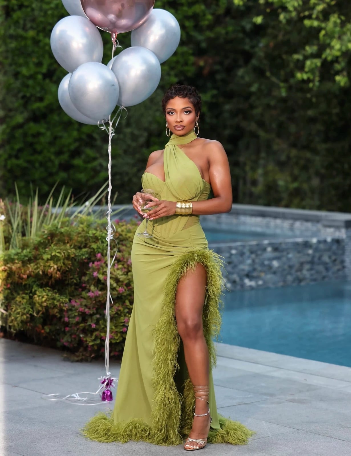 Olive Green One-Shoulder Maxi Dress with Feather Trim Olive Green One-Shoulder Maxi Dress with Feather Trim — Birthday Dresses