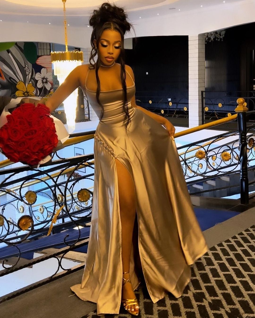 Champagne Gold Satin Maxi Dress with High Slit Champagne Gold Satin Maxi Dress with High Slit — Birthday Dresses