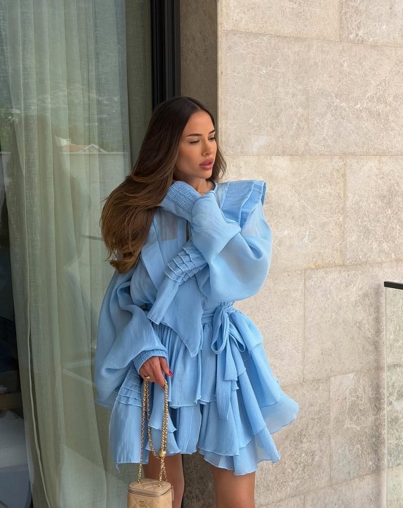 Light Blue Ruffled Mini Dress With Tiered Skirt Light Blue Ruffled Mini Dress With Tiered Skirt — Birthday Dresses Outfit