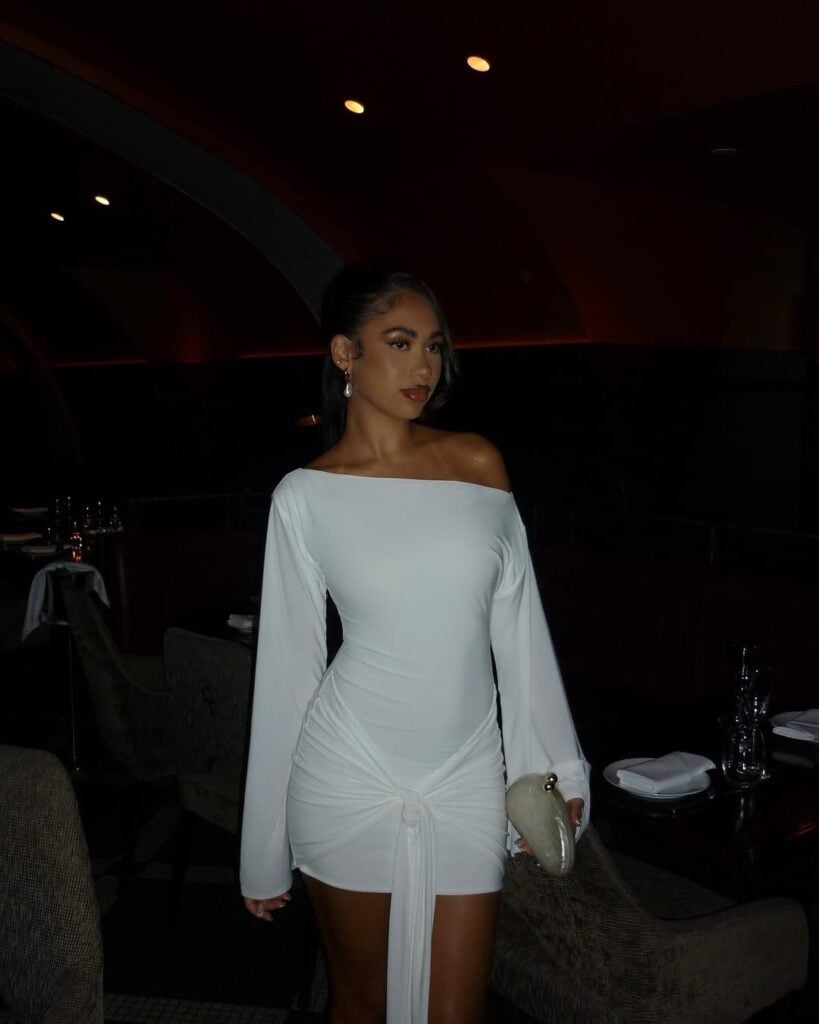 White Off-The-Shoulder Dress With Knot Detail White Off-The-Shoulder Dress With Knot Detail — Birthday Dresses Outfit