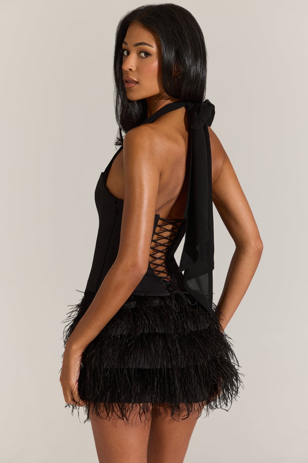 Black Halter Neck Corset Dress With Feather Trim, Satin Black Halter Neck Corset Dress With Feather Trim, Satin — Birthday Dresses Outfit