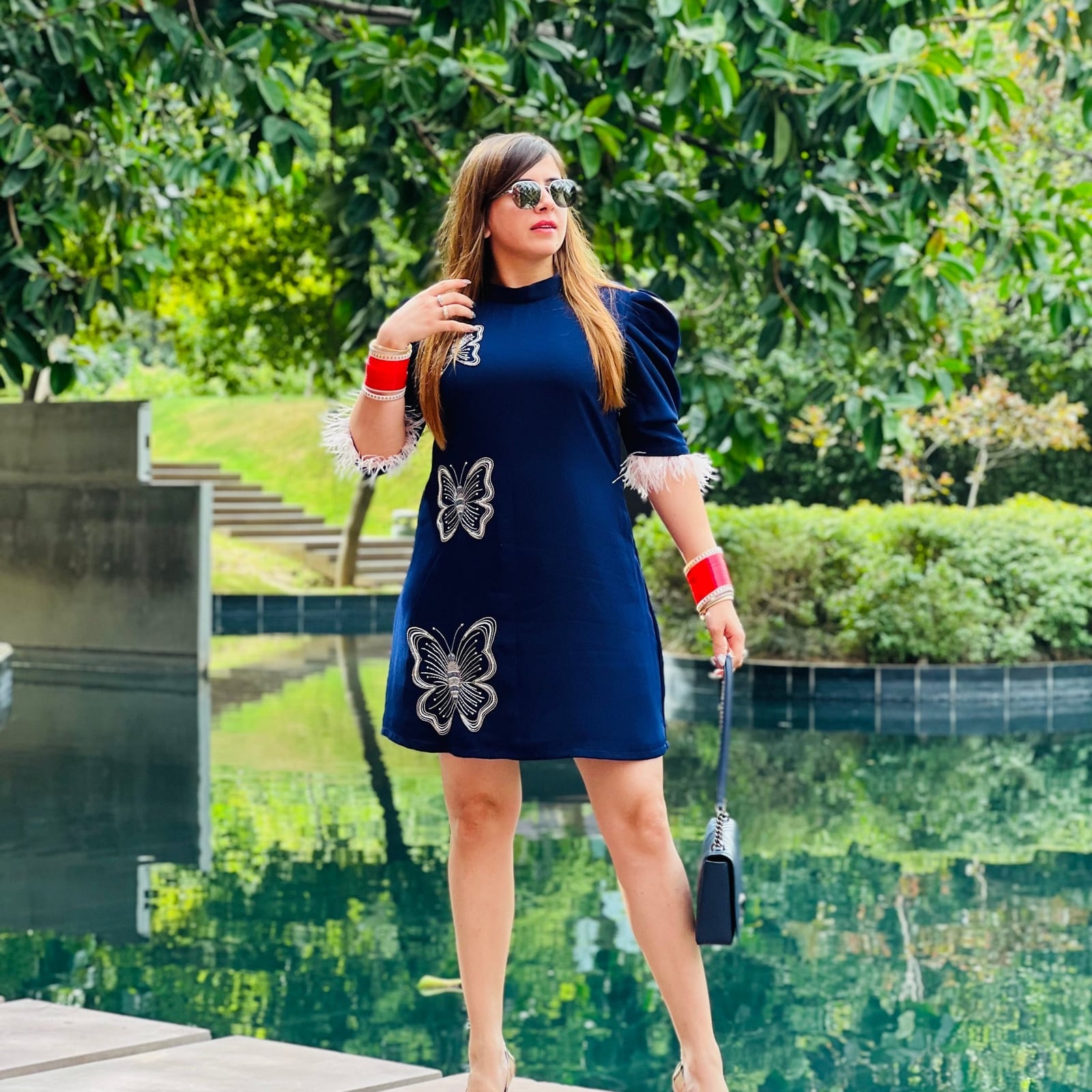 Navy A-Line Dress With Butterfly Embroidery Navy A-Line Dress With Butterfly Embroidery — Birthday Dresses Outfit