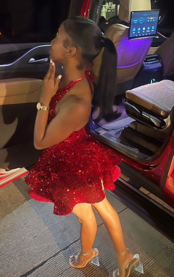 Red Sequin Halter Mini Dress With A-Line, Office-Safe Version Red Sequin Halter Mini Dress With A-Line, Office-Safe Version — Birthday Outfits
