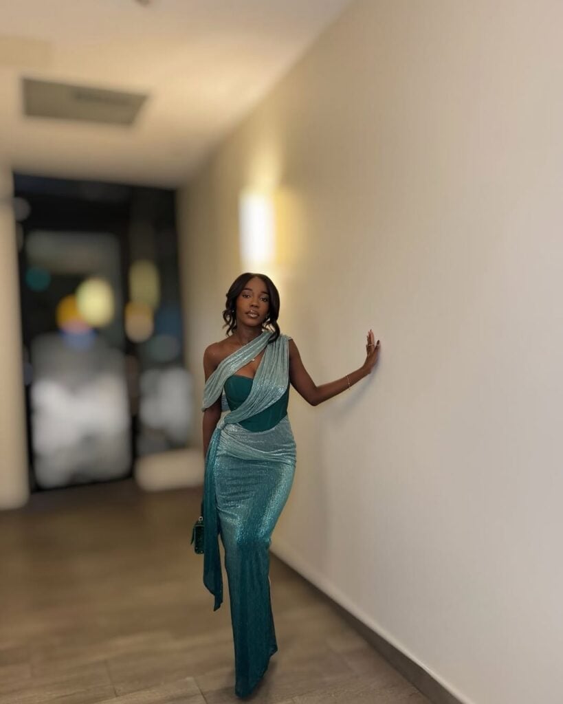 Teal Metallic Draped Gown With Asymmetrical Neckline, Close-Up Take Teal Metallic Draped Gown With Asymmetrical Neckline, Close-Up Take — Birthday Outfits