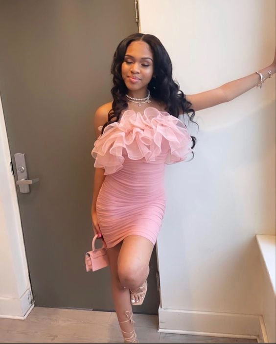Pink Ruched Mini Dress With Ruffle Bust Pink Ruched Mini Dress With Ruffle Bust — Birthday Outfits