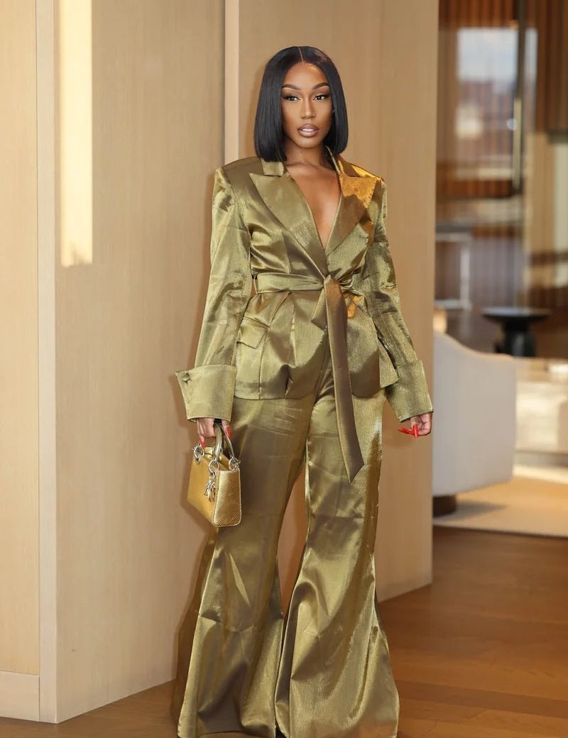Metallic Olive Green Satin Suit With Wide-Leg Pants Metallic Olive Green Satin Suit With Wide-Leg Pants — Birthday Outfits
