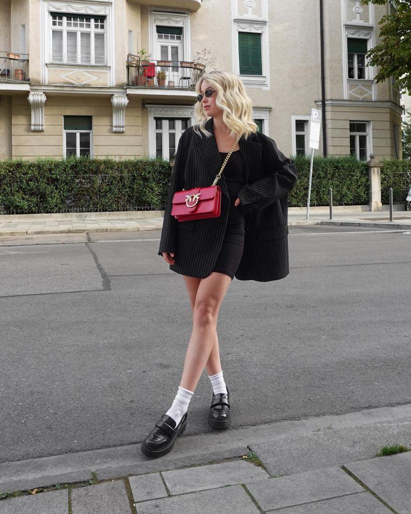 Black Pinstripe Blazer Over Mini Dress With Red Bag Black Pinstripe Blazer Over Mini Dress With Red Bag — Birthday Outfits