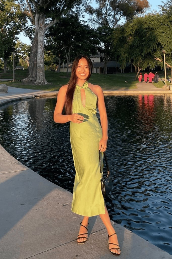 Lime Green Satin Halter Dress With Cut-Out Lime Green Satin Halter Dress With Cut-Out — Birthday Outfits