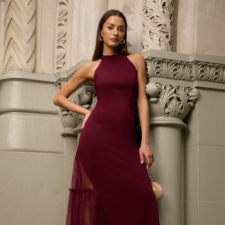 Burgundy Halter Gown With Sheer Tulle Hem Burgundy Halter Gown With Sheer Tulle Hem — Birthday Outfits