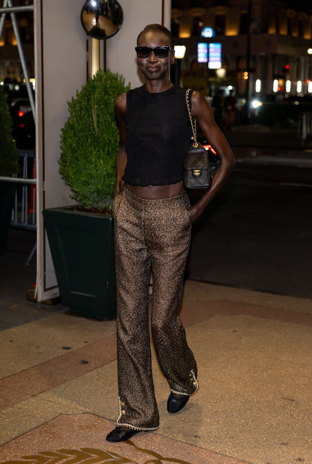 Metallic patterned trousers with black sleeveless top, Close-Up Take Metallic patterned trousers with black sleeveless top, Close-Up Take — Birthday Outfits Black Women
