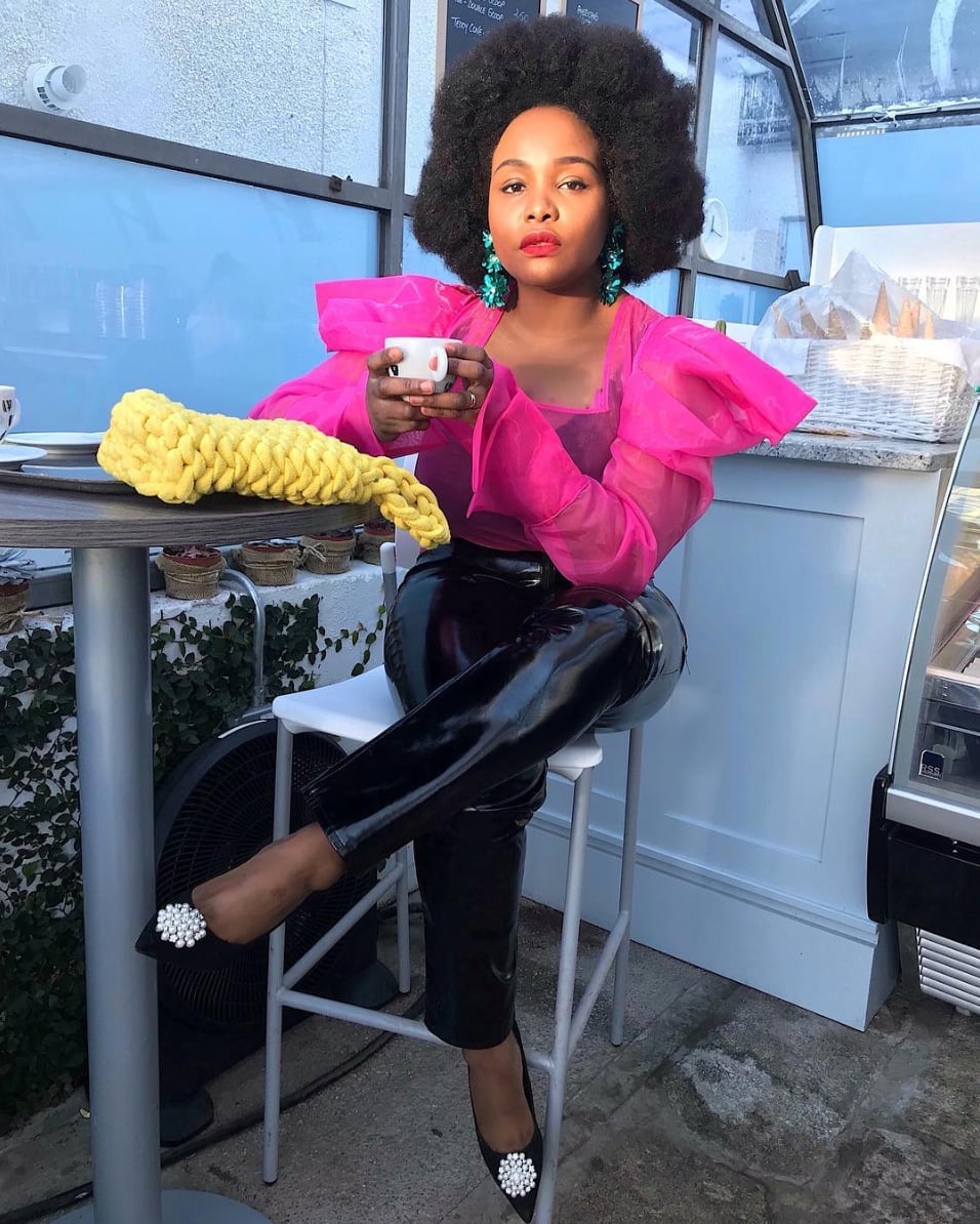 Pink sheer puff sleeve top and patent leather pants Pink sheer puff sleeve top and patent leather pants — Birthday Outfits Black Women