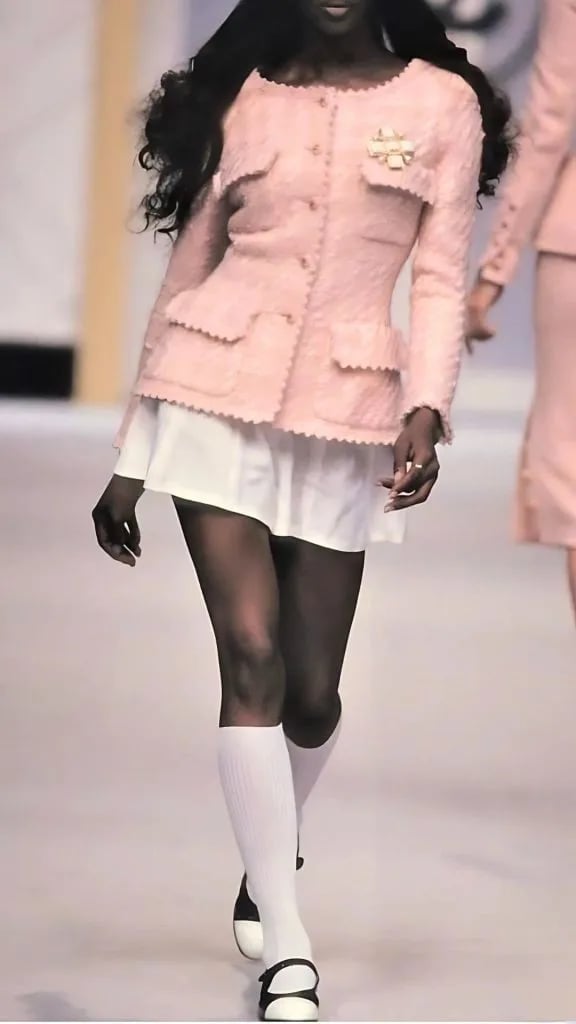 Pink tweed jacket over white mini skirt Pink tweed jacket over white mini skirt — Birthday Outfits Black Women