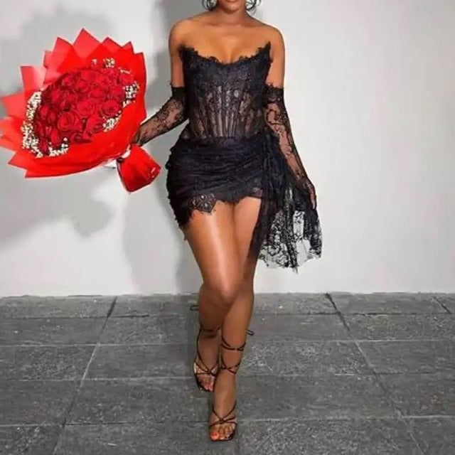 Black lace corset mini dress with asymmetric hem Black lace corset mini dress with asymmetric hem — Birthday Outfits Black Women