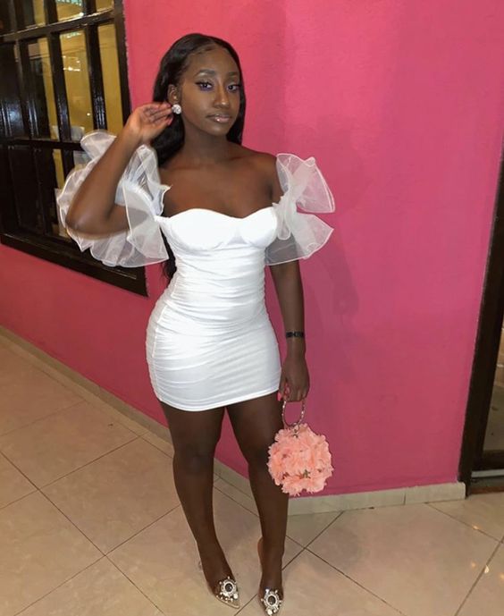 White ruched mini dress with organza puff sleeves White ruched mini dress with organza puff sleeves — Birthday Outfits Black Women