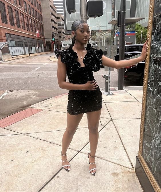 Black sequin mini dress with ruffled neckline Black sequin mini dress with ruffled neckline — Birthday Outfits Black Women