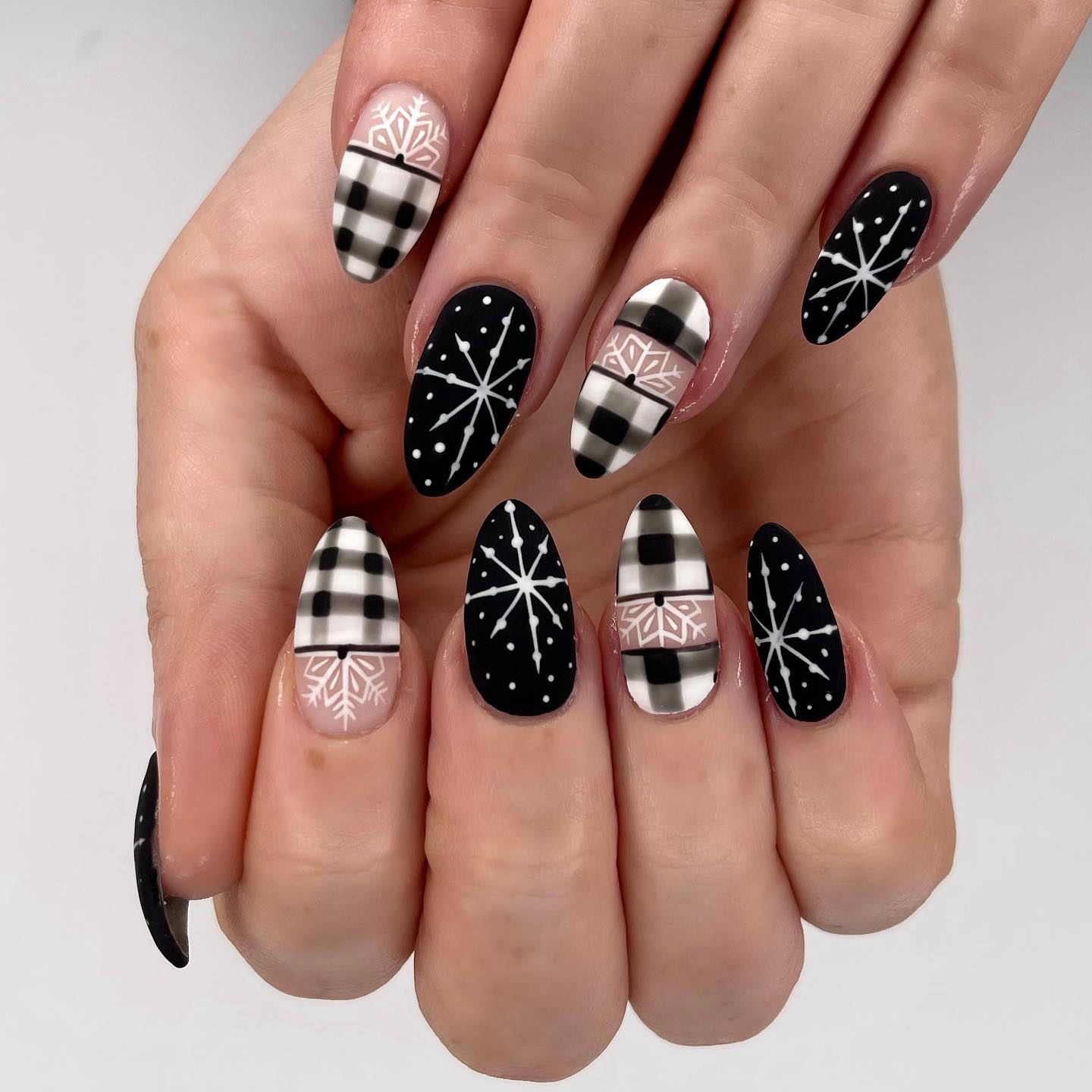 Black Buffalo Plaid Snowflake Almond Nails