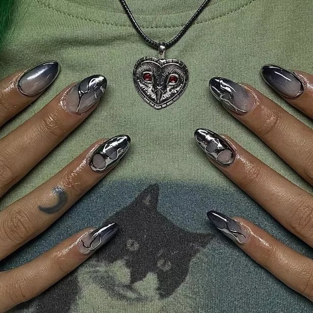 Medium Length Oval Black Chrome Nails Medium Length Oval Black Chrome Nails