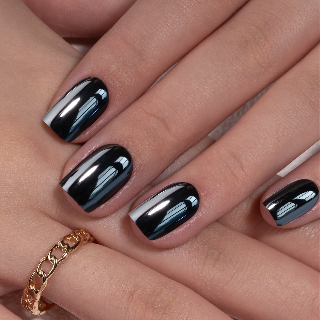 Short Square Black Chrome French Tip Short Square Black Chrome French Tip — Black Chrome Nails