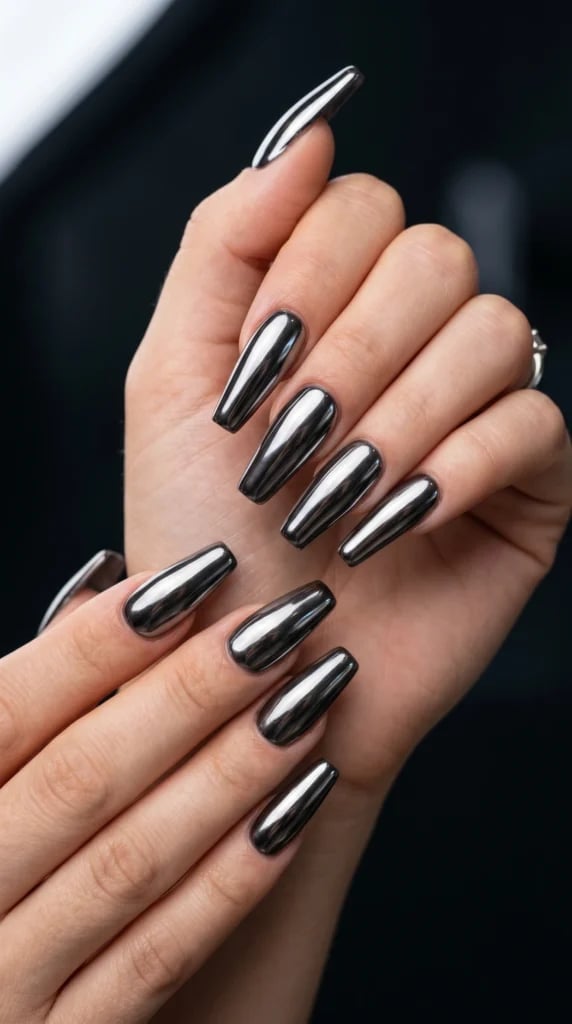 Long Coffin High Shine Black Chrome Long Coffin High Shine Black Chrome — Black Chrome Nails